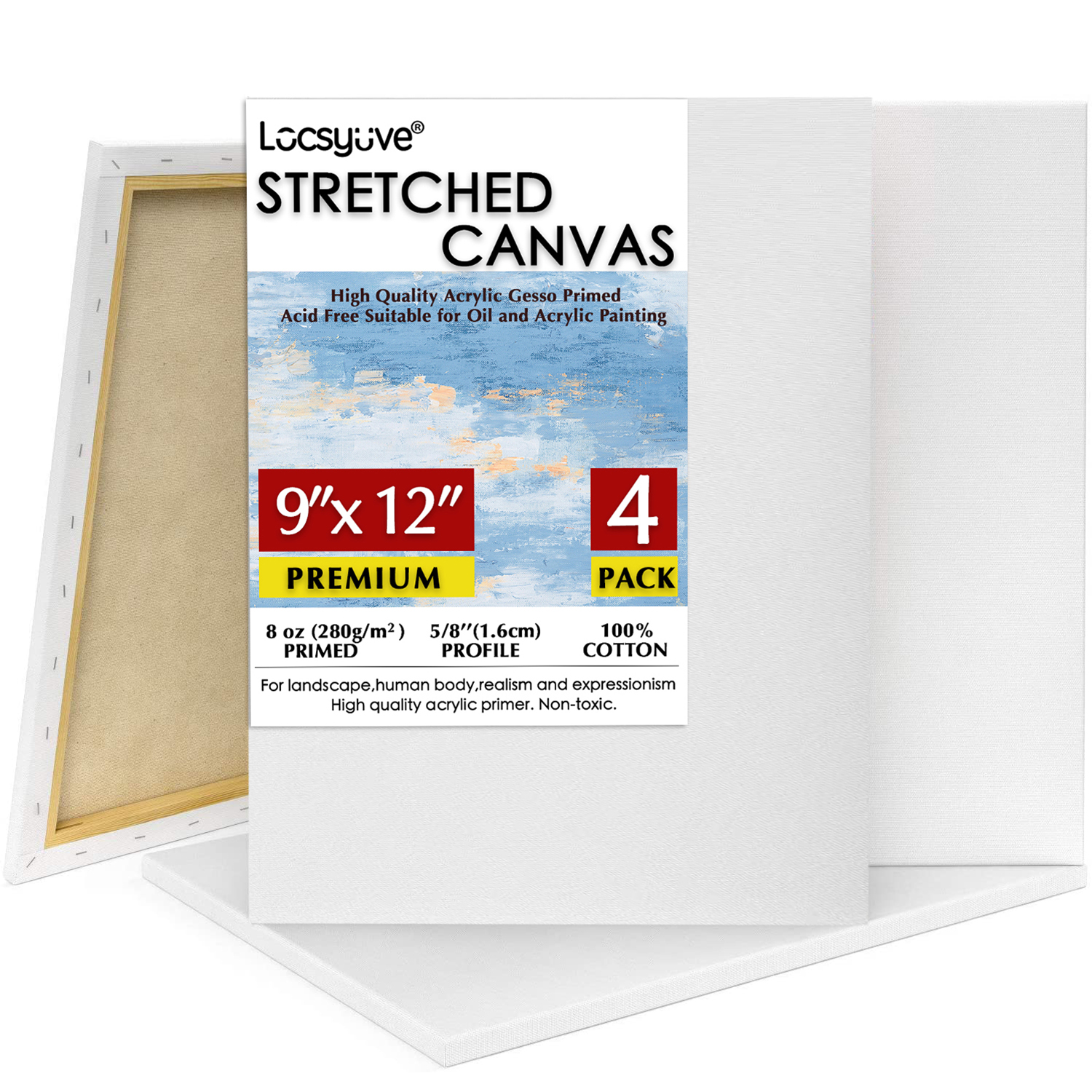 Locsyuve White Blank Cotton Stretched Canvas Artist Painting, 9x12 Inch, Pack 4, 5/8 Inch Triple Primed for Oil & Acrylic Paints